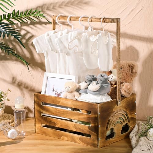 Image of Yerliker Wooden Baby Shower Crate Closet Baby Shower Gifts Basket Storage Crate Hamper with Handle Personalized Basket for Newborn Boys Girls Pregnancy Gifts(Dark Walnut,Cloudy, Rainbow)