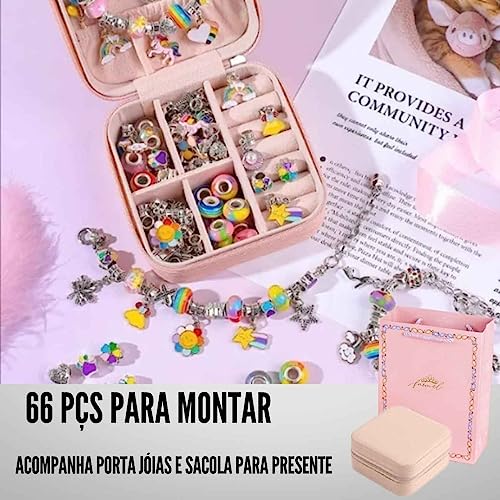 Kit Pulseiras E Bijuterias Infantil Para Montar Com 67pçs Estojo E Sacolinha Para Presente Linda E S