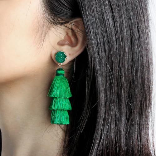 image for Me&Hz Spring Kelly Green Thread Tassel Earrings for Women Dangle Drop 