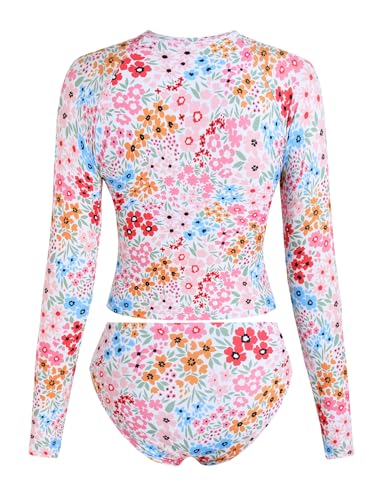 Image of ZAFUL Womens Rash Guard Swimsuits Long Sleeve Sun Protection Bathing Suit Tropical Swim Shirts with Briefs