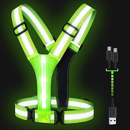 Omkhe Led Reflective Vest Running Gear, Usb Rechargeable Led Light Up Vest High Visibility With Adjustable Waist/Shoulder For Jogging Running Cycling Walking Motorcycle (Green) #TOP7
