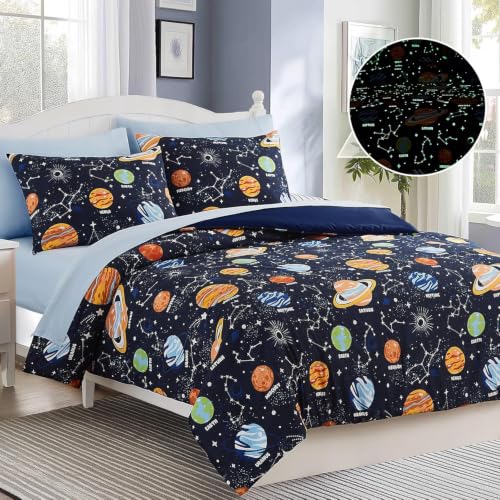Image of Queen Size Comforter Set for Boys-7 Pieces Planet Glow in the Dark Bedding