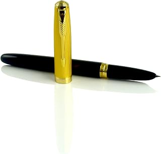Jinhao 85 Fountain Pen, Black Acrylic, Fine Nib With Ink Converter, Golden Trim, Gift Box