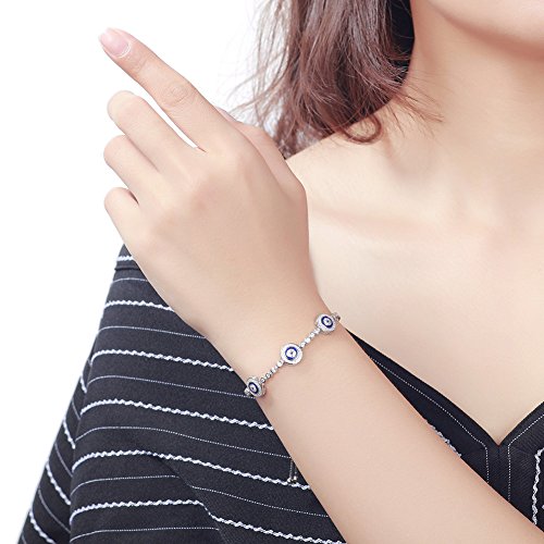 Tongzhe Blue Evil Eyes Tennis Bracelet In Sterling Silver 925 With Cubic Zirconia Cz And Adjustable 10" Box Chain #TOP1