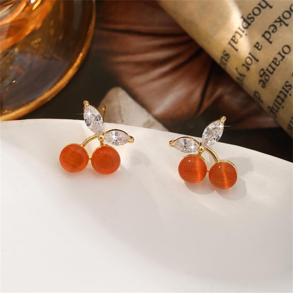 Dainty Cherry Cat's Eye Stud Earrings for Women 925 Sterling Silver Post Pin Hypoallergenic Crystal Leaf Small Cartilage Studs Cute Fruit Jewelry - Image 5