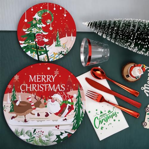 Christmas Paper Plates & Napkins Set Disposable Santa Claus Tableware for Xmas Holiday Party, Winter Theme Decor Serves 25 – Image 6