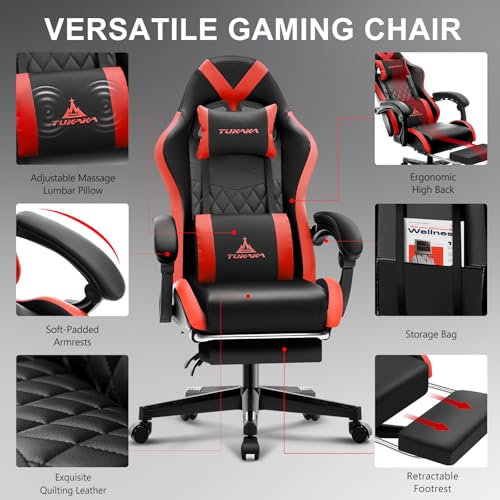 Image of Gaming Chair,Ergonomic Massage Office Desk Chair with Footrest,Red | Pocket Spring Cushion,Reclining,Thick High Back,Headrest and Lumbar Support,Adjustable Leather Computer Chair Gamer Chair