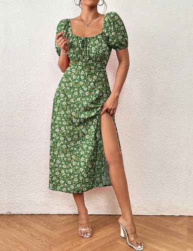 Image of SPRIME Women's Floral Summer Casual Dress Square Neck Puff Sleeve Boho Midi Dresses Ruched Bust High Waist Split Long Dress