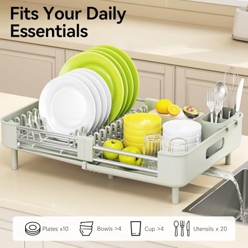 Image of Urackify Extendable Dish Drying Rack, Dual Part Dish Drainers with Non-Scratch and Movable Cutlery Drainer and Drainage Spout, Adjustable Dish Rack for Kitchen, Gray & White