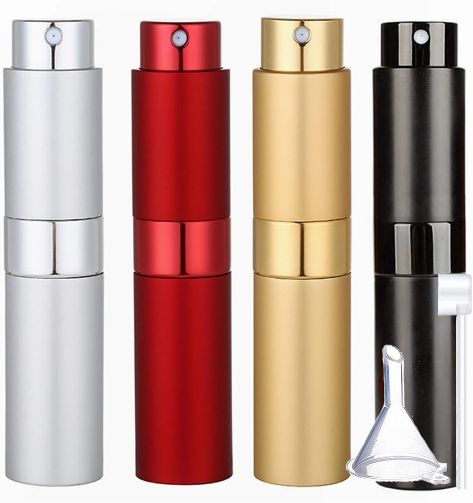 Cheeroyal 8ML Perfume Atomiser Bottles Refillable Perfume Atomizer Empty Spray Bottles Mini Atomizer Perfume Bottle Portable Pocket Perfume Bottle for Travel Men Women (4pcs-black+sliver+red+gold)