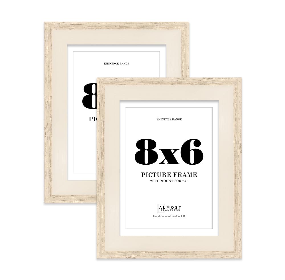 8x6" Oak Picture Frame with 7x5" Mount - Shabby Chic Photo Frame with Distressed Finish, Wall Hooks and Kickstand, 32mm Edge - 2 Pack