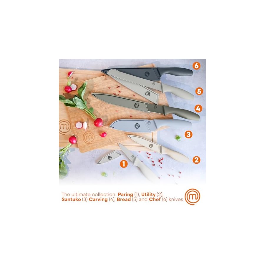MasterChef Kitchen Knife Set with Covers, 6 Professional Chef Knives for Home Kitchens, Extra Sharp Cutting Stainless Steel Blades & Protective Sheaths, Soft-Touch Easy-Grip Handles, Earth Greys