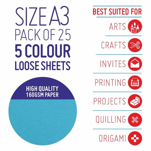 Image of Anupam A3 Basic Colour Loose Paper 160gsm 5 Colors Paper for Arts, Crafts, Quilling, Origami (25 Sheet)