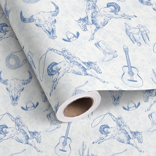 Vnaaem Western Cowboy Wrapping Paper Roll for Men Women - Blue & White Toile Wild West Rodeo Design Gift Wrap for Birthady Baby Shower Holiday Party DIY Crafts(Total 28.5sq.ft)