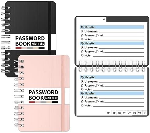 2Pack Password Book with Alphabetical Tabs, Small Pocket Size Password Notebook with Metal Cover, Password Organizer Password Keeper Large Print for Seniors for Website Usernames, Passwords & Notes