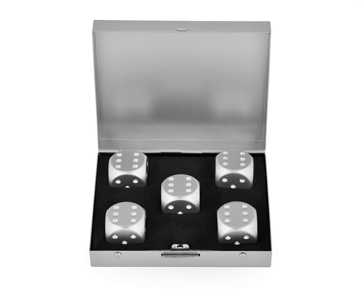 5 Dés En Alliage Aluminium 16 Mm – étui Cadeau, Jeux De Société, Argent, Résistant