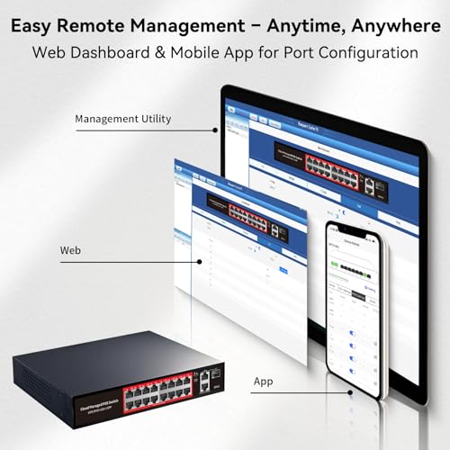 Image of 16 Port PoE Switch,16 x PoE Port 100Mbps,2 Gigabit Uplink Port,1 x 1G SFP,240W Built-in Power,802.3af /at,Extend Function,Desktop, Unmanaged Metal Plug and Play