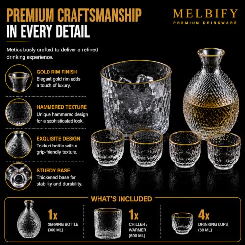 Image of Melbify Japanese Sake Set with Chiller Bowl | 6 Pcs Set | Bowl(600ml),Carafe(300ml) & 4 Cups(60 ml) | House Warming Gift New Home Ceremony | Sake's Glass | Serving Glass Gift