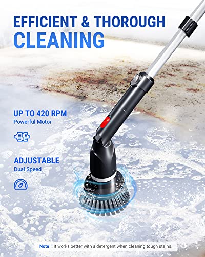 Powools Cordless Electric Spin Scrubber - Shower Scrubber for Cleaning, Tub Scrubber Coming with 4 Replaceable Brush Heads, Adjustable Electric Cleaning Brush with Long Handle, Black (PL8703)