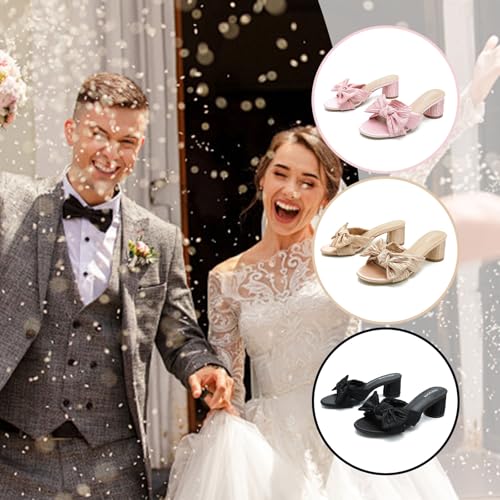 Heiyom Women's Bowknot Low Chunky Heels Mules Sandals Slip on Pleated Bow Heels Wedding Bridal Party Dress Shoes4