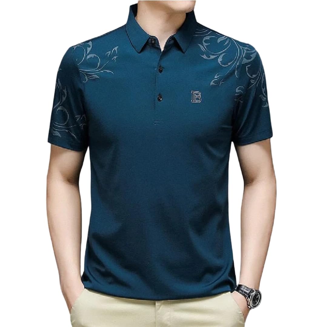 Men's Irregular Glitter Shoulder Print Sports Collar Tshirt (Rizim Mens Simmer Polo-Blue)-image-47
