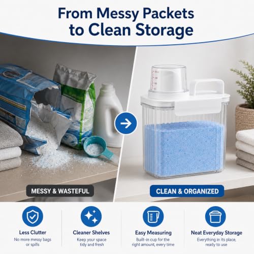 Image of PRAZA Laundry Detergent Storage Container 1800 ML with Measuring Cup Lid, Airtight Washing Powder Storage Box, Clear Plastic Organizer for Laundry Powder, Pods, Beads, Bathroom & Laundry Room