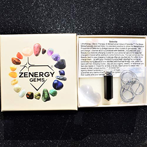 Zenergy Gems Selenite Charged Faceted Hand-Made Natural Black Onyx Crystal Pencil Point Pendants + Selenite Heart Charging Crystal [Included]4