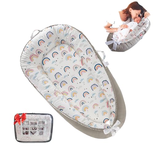 Image of Loevin Baby Lounger for Newborn Cotton,Baby Nest Diaper Changing Pads for Babies with Handles,Newborn Lounger Adjustable Size & Inner Zipper Lengthen Space to 24 Months(Gray-Edged Rainbow Pink)