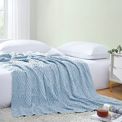 Aormenzy Light Blue Cable Knit Throw Blanket, Soft & Warm Knitted Blanket Throw For Couch Bed Sofa Living Room, 50 X 60 Inch #TOP2
