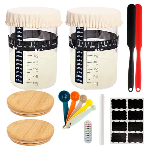 2PACK 900Ml Sourdough Starter Jar, 34Oz Glass Sourdough Starter Kit With Date Feeding Band, Thermometer, Cloth Cover & Metal Lid, Reusable Sourdough Bread Baking Supplies, Home Baking Supplies