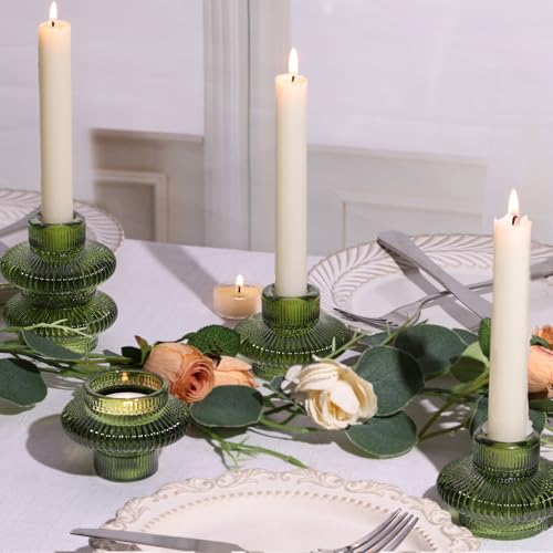 Green Taper Candle Holders Set of 10 for Taper Candles/Tea Lights, Ribbed Glass Candlestick Holders for Boho Wedding Table, Vintage Candle Sticks Holder Decor Home Decor by TripodBird - Image 3