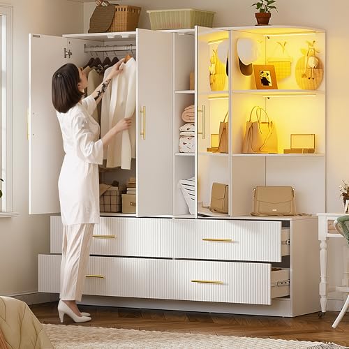 PAKASEPT 3 Door Armoire Wardrobe Closet, 70.87\" H Bedroom Armoires with Drawers, Mirror, LED Light, Hanging Rod, Side Hooks, Large Capacity Storage Wardrobe Armoire for Bedroom