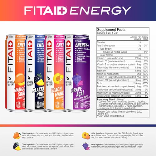 Image of LIFEAID FITAID Energy Drink 200mg Natural Caffeine Keto 15 Calories Variety Pack BCAA Quercetin Electrolytes Omega-3s Paleo Vegan & Gluten-Free 12-oz. cans (Pack of 24) - Packaging May Vary