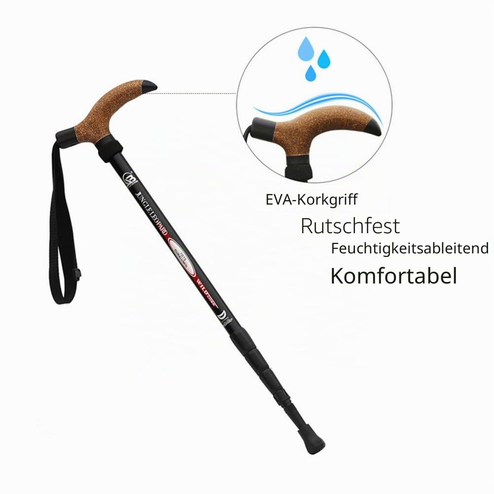 KRY Bergstock / Wanderstock, T-förmiger Griff, einziehbar, aus Luftfahrt-Aluminiumlegierung, verstellbare Teleskopstange, Stoßdämpfung, schwarz