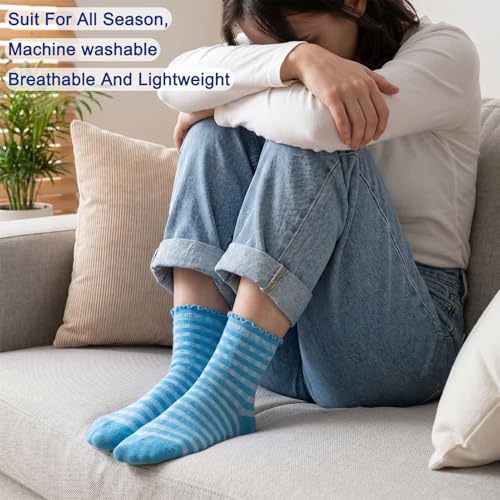 Image of 6 Pairs Women Ruffle Striped Frilly Socks, Cute Checkered Ankle Sock for Women Cotton Knit Casual Crew Socks