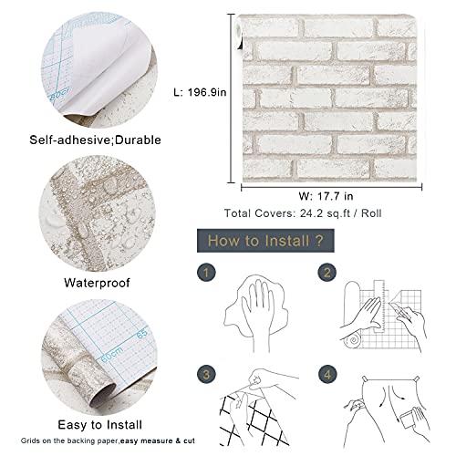 Timeet Brick Wallpaper Peel And Stick Wallpaper Self Adhesive Removable Wallpaper 17.7"×197" Beige White Brick Wallpaper For Laundry Room Bedroom Decoration Easy To Install #TOP3