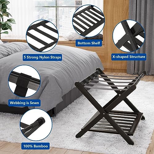 Smuxee Fully Assembled Luggage Rack for Guest Room, Upgraded Bamboo Foldable Suitcase Stand with 5 Nylon Straps, Luggage Holder with Shelf for Bedroom Hotel (Black Luggage Rack 1pcs)