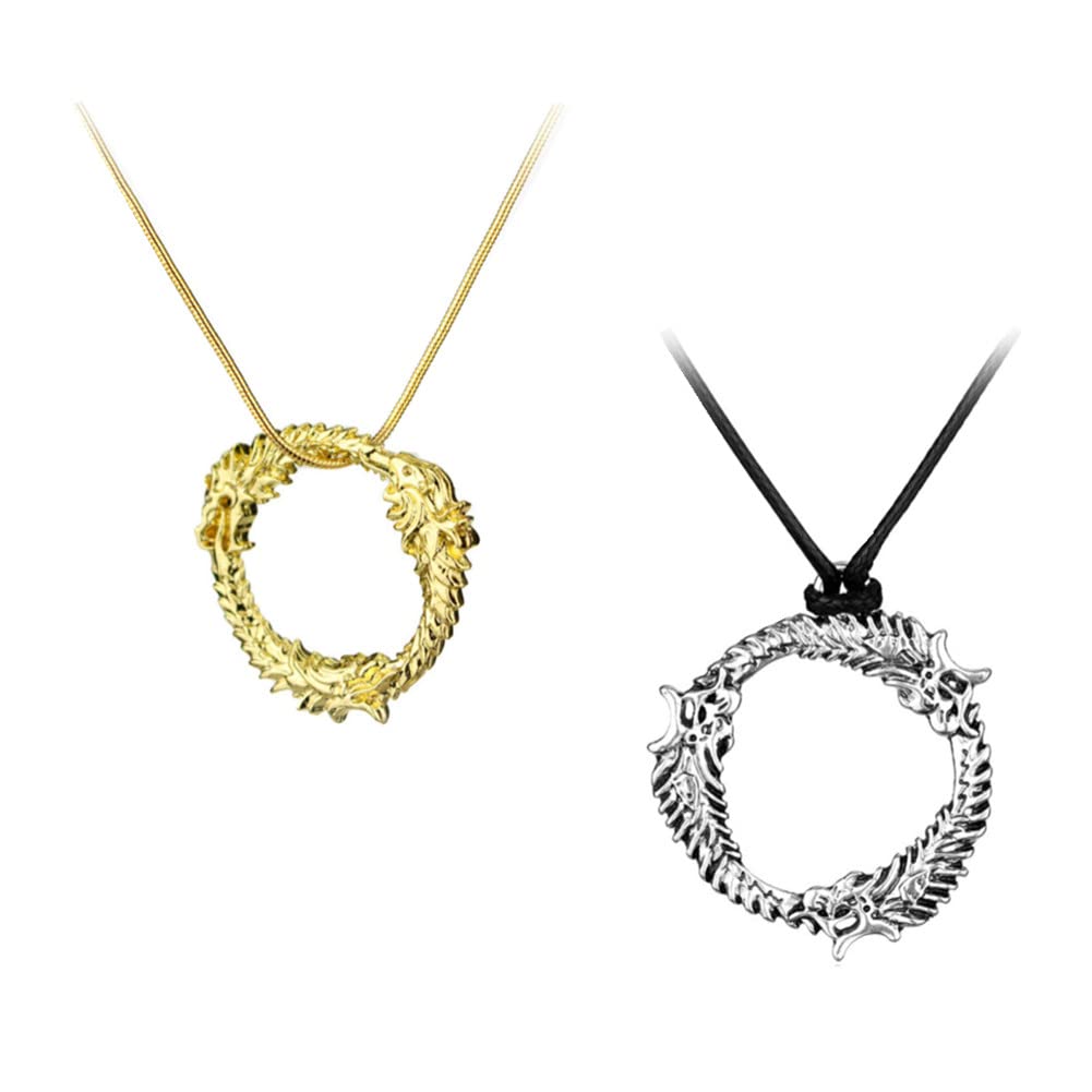 XCFS BEAUTY2PCS One Set The Elder Scrolls 5 Dragon Skyrim Pendants Silvertone And Gold Plated Sweater chain Skyrim Dragon Round Charms Pendant Necklaces For Fans
