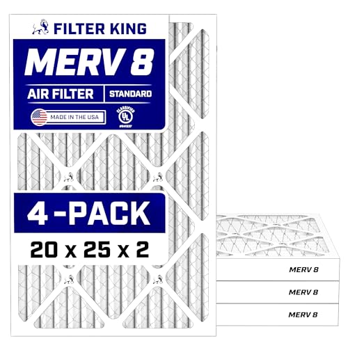 Filter King 20x25x2 Air Filter (MERV 8) (4-Pack) Dust & Allergy Control AC Furnace Filters, MADE IN USA, HVAC, Pleated, Electrostatic (Actual Size: 19.5 x 24.5 x 1.75)