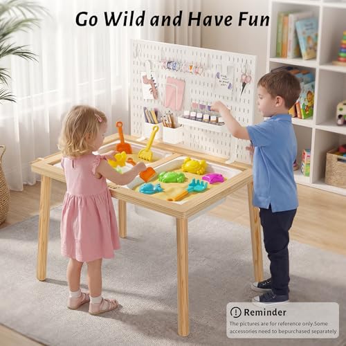 Image of Easyego Sensory Table for Toddlers Kids Play Wooden Sand Water Table with Can DIY Creation Pegboard & Foldable Storage Bins for Indoor and Outdoor Use,Birthday Gifts for Boys and Girls - Natural Color