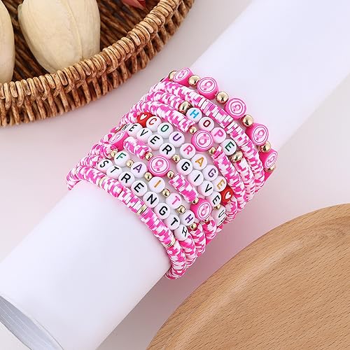 𝐇𝐞𝐢𝐬𝐡𝐢 𝐁𝐞𝐚𝐝𝐞𝐝 𝐒𝐭𝐫𝐞𝐭𝐜𝐡 𝐁𝐫𝐚𝐜𝐞𝐥𝐞𝐭𝐬 for Women Teen Girls St.Patrick's Day Valentine's Day Christmas Breast Cancer Bracelets Stackable Polymer Clay Beads Bracelets Friendship Boho Bracelets Jewelry Set2