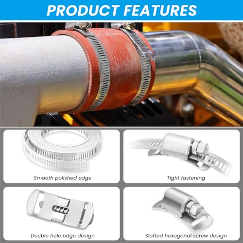 Image of Serplex 13.3ft Cuttable Hose Clamp Roll with 8 Bolt Attachments, 304 Stainless Stee Adjustable House Clamp Assortment Kit Worm Gear Band Hose Screw Clamps Duct Pipe Metal Clamps Strapping