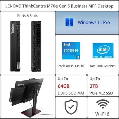 Image of Lenovo ThinkCentre M70q Gen 5 Tiny Desktop, 8GB DDR5 RAM, 256GB PCIe SSD, 1L Mini PC MFF Computer with Office 365, Intel 10-Core i5-14400T, WiFi 6, RJ45, Type-C, HDMI, KB & M, Win 11 Pro, Jet Black