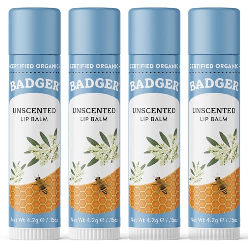 Badger Unscented Classic Lip Balm, 100% Organic Lip Balm for Sensitive Lips, Long Lasting Lip Moisturizer w/Light Silky Texture, 4 Pack