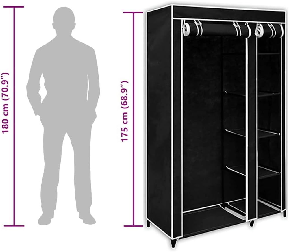 vidaXL Folding Wardrobe Black Fleece Fabric Cover and Steel Tube Frame