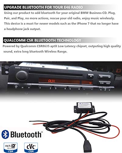Drimfly Auxiliary Input Kit Wireless Bluetooth Music Streaming Adapter,CSR aptX Low Latency Chipset,Compatible with BMW E46 2003-2006 325i 325ci 325xi 330i 330ci 330xi M3 Business CD -(10-pin Socket)