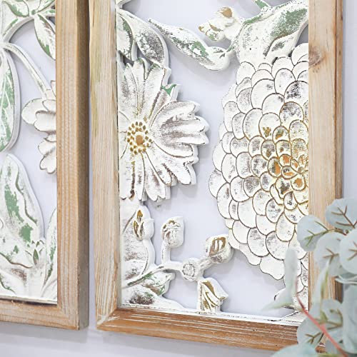 G-Leaf Carved Wood Flowers Wall Decor, Decorative Carved Wall Hanging Panel Set Of 3, Floral Wall Art Wooden Sculpture For Entrance Hall, Living Room, Bedroom #TOP4