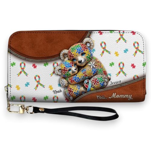 Autism Mom - Personalized Autism Awareness Leather Long Wallet, Women PU Leather Wallet with Credit Card Holder Multiple Card Slots Clutch Zip Around Purse