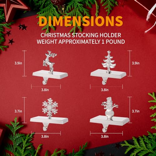 BEAUTI4U Christmas Stockings Holder Set of 4 - Christmas Stocking Hanger for Mantel, Multi-uses Stocking Hooks for Fireplace Christmas Xmas Party Decoration (Silver)