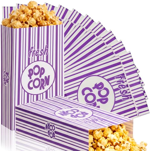 Image of Thenshop 200 Pcs Paper Popcorn Bags Flat Bottom 2 oz Disposable Film Individual Servings Oil Resistant Leak Proof Container Vintage Retro Purple and White Popcorn Sleeves Bags